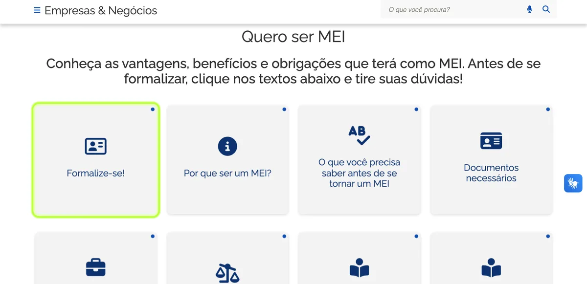 Página Quero ser MEI do gov.br com o cartão Formalize-se! destacado