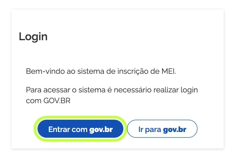 Tela de login do sistema de inscrição de MEI com o botão Entrar com gov.br destacado