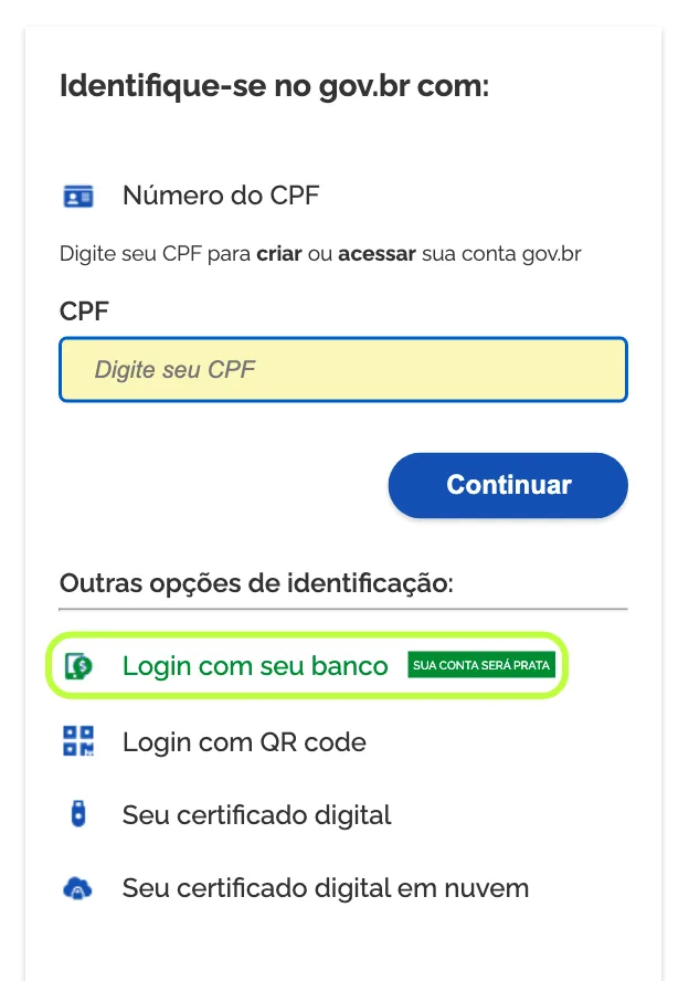 Tela de login do gov.br com o campo de CPF e a opção Login com seu banco, marcada como sua conta será prata