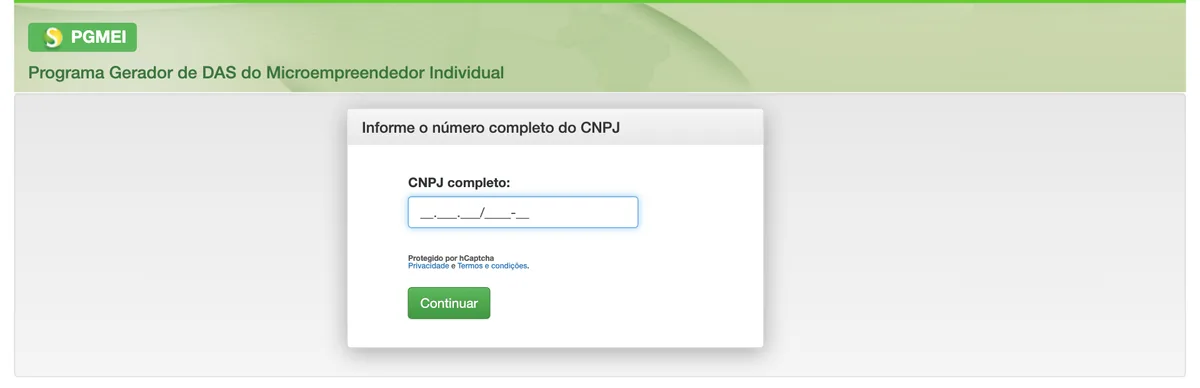 PGMEI, Programa Gerador de DAS do Microempreendedor Individual, pedindo o CNPJ completo