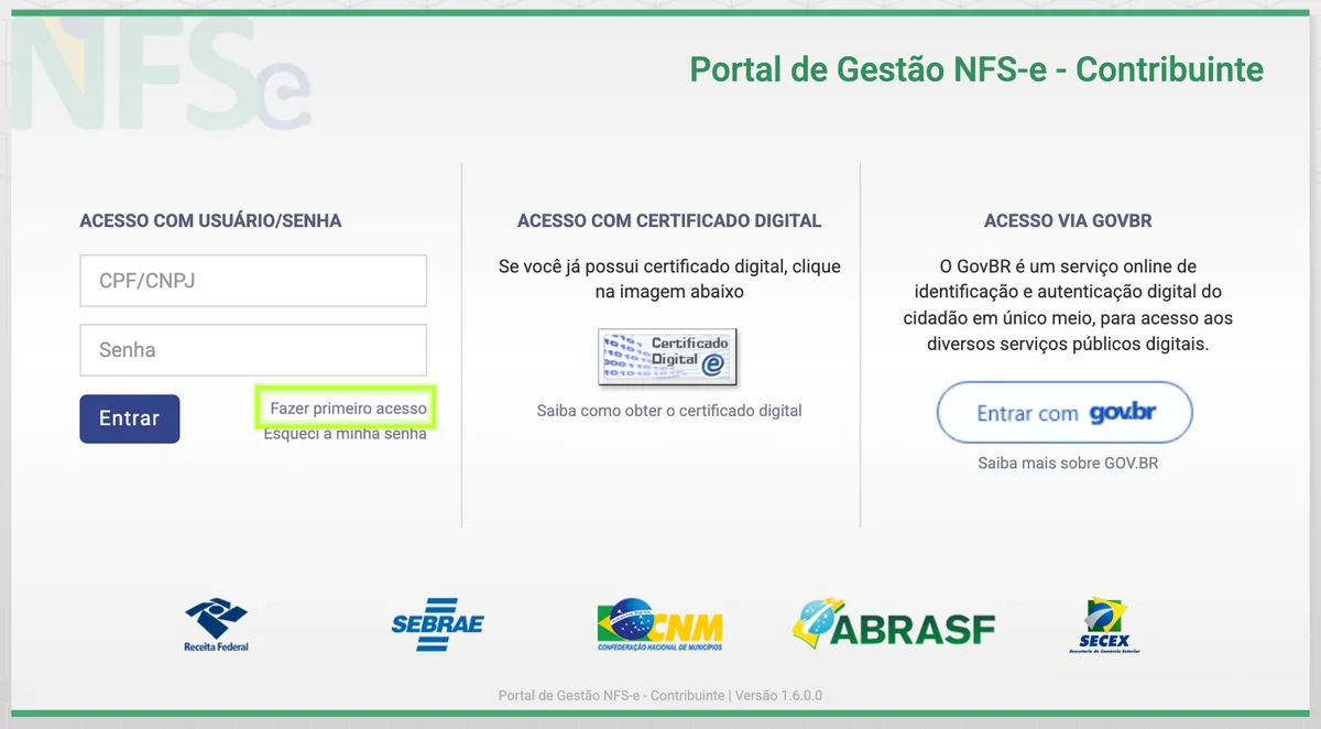 Login do Emissor Nacional da NFS-e com o link Fazer primeiro acesso destacado